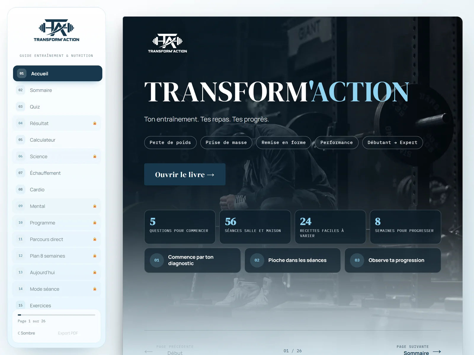 L’ebook interactif Transform’Action ouvert sur sa page d’accueil