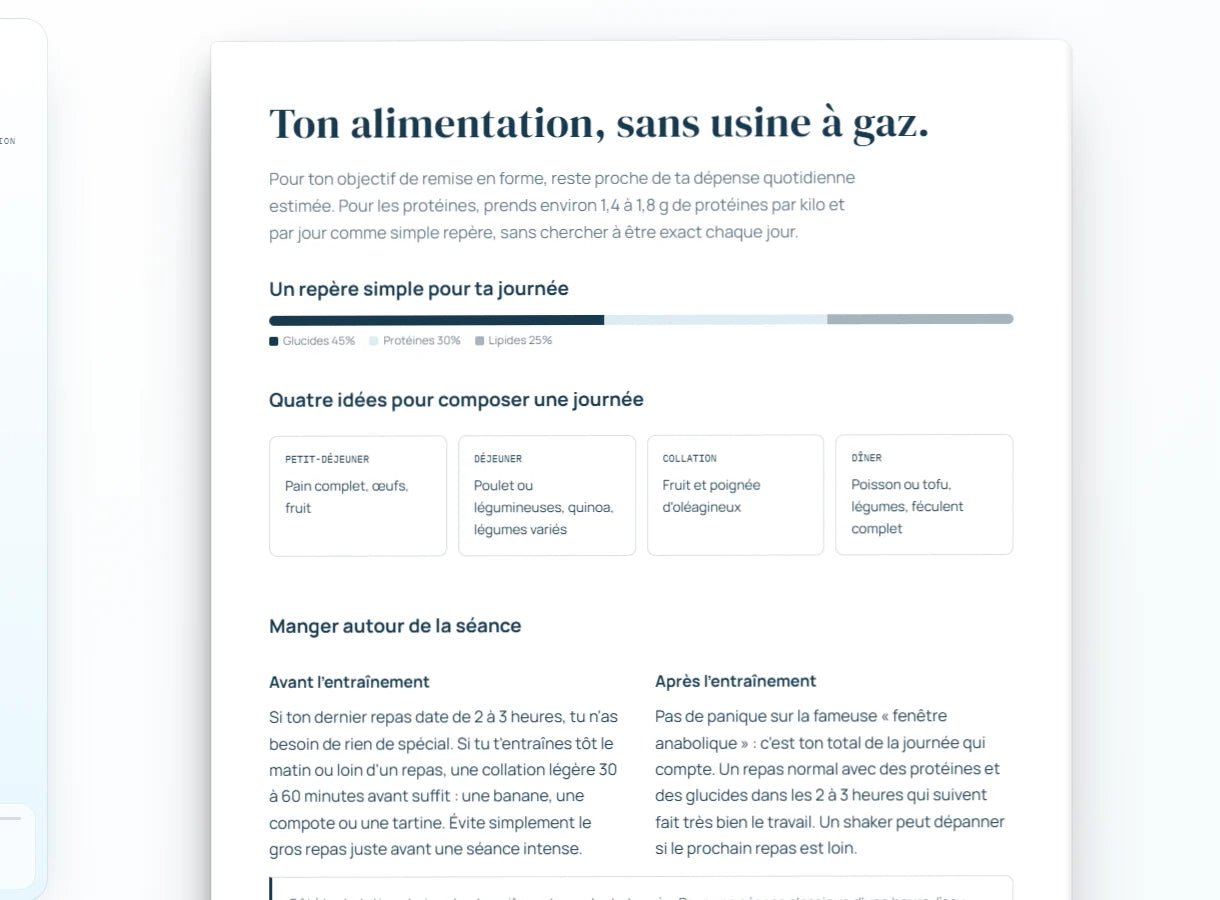 Ecran nutrition avec le calculateur calorique et les recettes